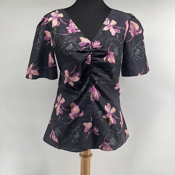 CLUB Monaco NWT Ruched Flutter Sleeve Top floral career shirt sz small - Picture 3 of 12